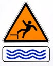 Danger, risk falling in water. Warning sign.