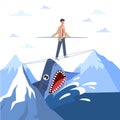 Danger, risk situation, excitement, extreme leisure, man walks tightrope between mountain peaks, shark in water