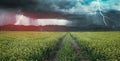 Danger on the road concept of uncertainty and obscurity of future, storm and rural scene with dramatic sky Royalty Free Stock Photo