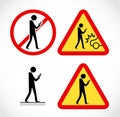 Danger on road sign concept - man with mobile phone walking through crossroad