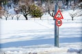 Danger road sign snow