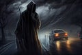 Death in a raincoat stands along the road and looks at fast-moving cars on the highway. AI Generated