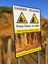 Danger rockfalls signpost warning notice Royalty Free Stock Photo