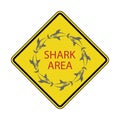 Danger Shark Zone. Beware of Sharks. Yellow Square Warning Sign. Dangerous Sea Life. Swim at Own Risk. High Risk Area