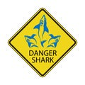 Danger Shark Zone. Beware of Sharks. Yellow Square Warning Sign. Dangerous Sea Life. Swim at Own Risk. High Risk Area