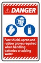 Danger Sign Face Shield, Apron And Rubber Gloves Required When Handling Batteries or Adding Water With PPE Symbols