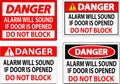 Danger Sign, Fire Door Alarm Will Sound If Door Is Opened Do Not Block