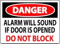 Danger Sign, Fire Door Alarm Will Sound If Door Is Opened Do Not Block