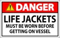 Danger Sign Life Jackets - Must Be Worn Before Getting On Vessel