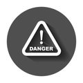 Danger sign vector icon. Attention caution illustration. Business concept simple flat pictogram with long shadow. Royalty Free Stock Photo