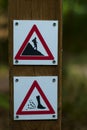 Danger signs in hiking, IMBA approval danger steep descent, loose stone, warning Royalty Free Stock Photo