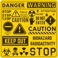 Danger Signs and Warning Lettering. Caution Boards. Grunge Yellow Metal Plate with Scratches Texture