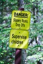 Danger slippery rocks, drop offs and supervise children sign Royalty Free Stock Photo