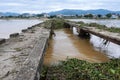 Damaged bridge across flowing river Royalty Free Stock Photo