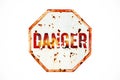 Danger warning sign over grungy white and red old rusty road traffic sign texture background Royalty Free Stock Photo