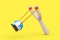 Danger Wooden Slingshot Toy Weapon with Earth Globe. 3d Rendering Royalty Free Stock Photo