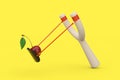 Danger Wooden Slingshot Toy Weapon and Fresh Cherry Fruit with Leaf. 3d Rendering Royalty Free Stock Photo