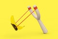 Danger Wooden Slingshot Toy Weapon with Ripe Yellow Banana Fruit. 3d Rendering Royalty Free Stock Photo