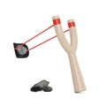 Danger Wooden Slingshot Toy Weapon with Stones. 3d Rendering Royalty Free Stock Photo