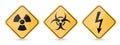Danger yellow signs. Sign diamond. Radiation, biohazard sign isolated on white background. Royalty Free Stock Photo