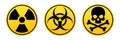 Danger yellow vector signs. Radiation sign, Biohazard sign, Toxic sign. Royalty Free Stock Photo