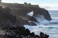 Dangerious ocean stormy waves hits black lava rocks on La Palma island, Canary, Spain Royalty Free Stock Photo