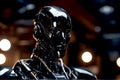 Dangerous AI - Aggressive Looking Black Colored Male Android Robot with Dark Eyes, created with Generative AI technology