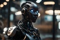 Dangerous AI - Black Female Android Robot with Evil Shiny Blue Eyes, created with Generative AI technology