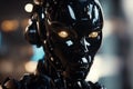 Dangerous AI - Black Female Android Robot with Evil Shiny Yellow Eyes, created with Generative AI technology