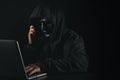 Dangerous anonymous hacker man in hooded and mask using computer and smartphone on black background, breaking into security data c Royalty Free Stock Photo