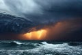 Dangerous approaching storm with lightning splash over sea or ocean natural disaster background with broken wavy foamy