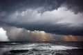 Dangerous approaching storm over ocean natural disaster background with broken wavy foamy water surface under dark blue