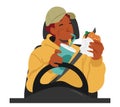 Dangerous Behavior of Man Character Multitasking By Eating While Driving, Posing A Risk To Himself And Others On Road