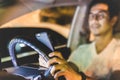 Dangerous concept man using cell phone while driving Royalty Free Stock Photo