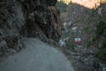 Dangerous curvy winding mountain road at Dharapani village over Marshyangdi river