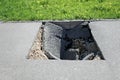 Dangerous deep hole in the asphalt in summer