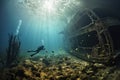 Diver in front of the sunken hull. Royalty Free Stock Photo