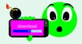 Dangerous download. Toxic discharge, danger. A bomb on the mobile phone and green doll.