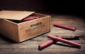 Dangerous dynamite sticks on wooden a box Royalty Free Stock Photo