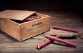 Dangerous dynamite sticks on wooden a box