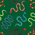 Dangerous exotic snakes pattern. Colored snakes background. Tropical poisonous rattlesnakes hand drawn pattern
