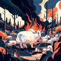 Dangerous forest fire with flock of sheep. Cartoon vector illustration. generative AI Royalty Free Stock Photo