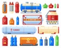 Dangerous gas containers. Gas steel cylinder and tank, butane, oxygen or helium metal containers, flammable gas Royalty Free Stock Photo