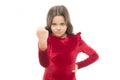 Dangerous girl. Feel my power. Girl kid threatening with fist isolated on white. Strong temper. Threatening with
