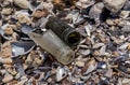 Dangerous glass fragments from broken bottles on the coast of the sea. Glass dangerous trash on the beach