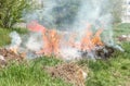 Dangerous grass fire with big flames and cloud of smoke in the city park near building in urban residential district selective foc Royalty Free Stock Photo