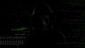 Dangerous hacker in mask and black hood, cyber terrorism and hacking concept