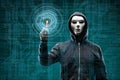 Dangerous hacker over abstract digital background with binary code. Obscured dark face in mask and hood. Data thief Royalty Free Stock Photo