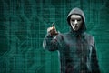 Dangerous hacker over abstract digital background with binary code. Obscured dark face in mask and hood. Data thief Royalty Free Stock Photo