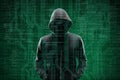 Dangerous hacker over abstract digital background with binary code. Obscured dark face in mask and hood. Data thief